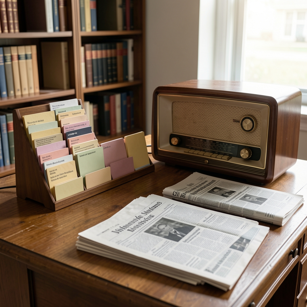 Escritorio editorial con fichas, radio antigua y periódicos ordenados sin personas
