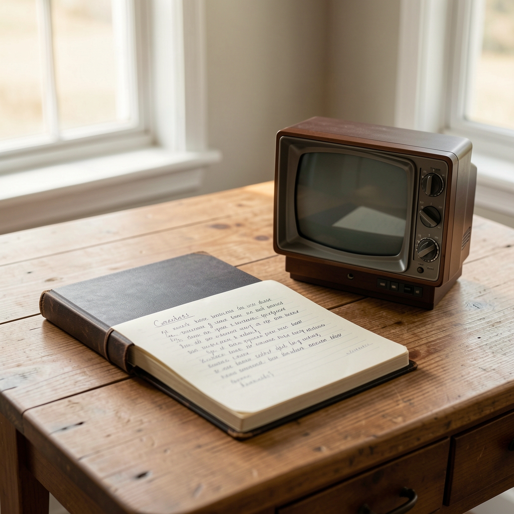 Casete, agenda manuscrita y pequeño televisor sobre mesa sin personas