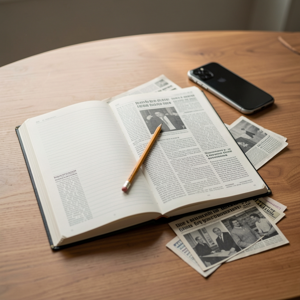 Cuaderno abierto con lápiz, teléfono y recortes de prensa sobre una mesa sin personas