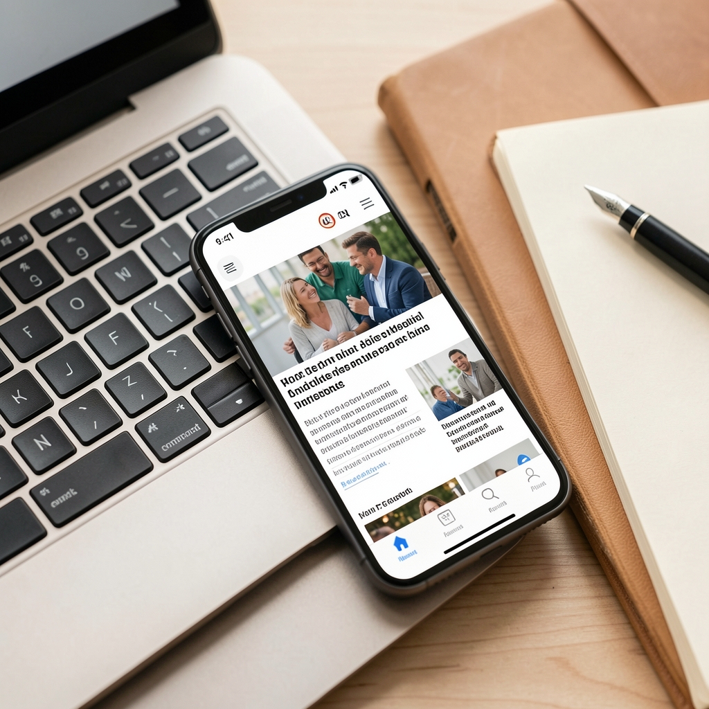 Teléfono inteligente mostrando un portal de noticias junto a teclado y cuaderno sin personas