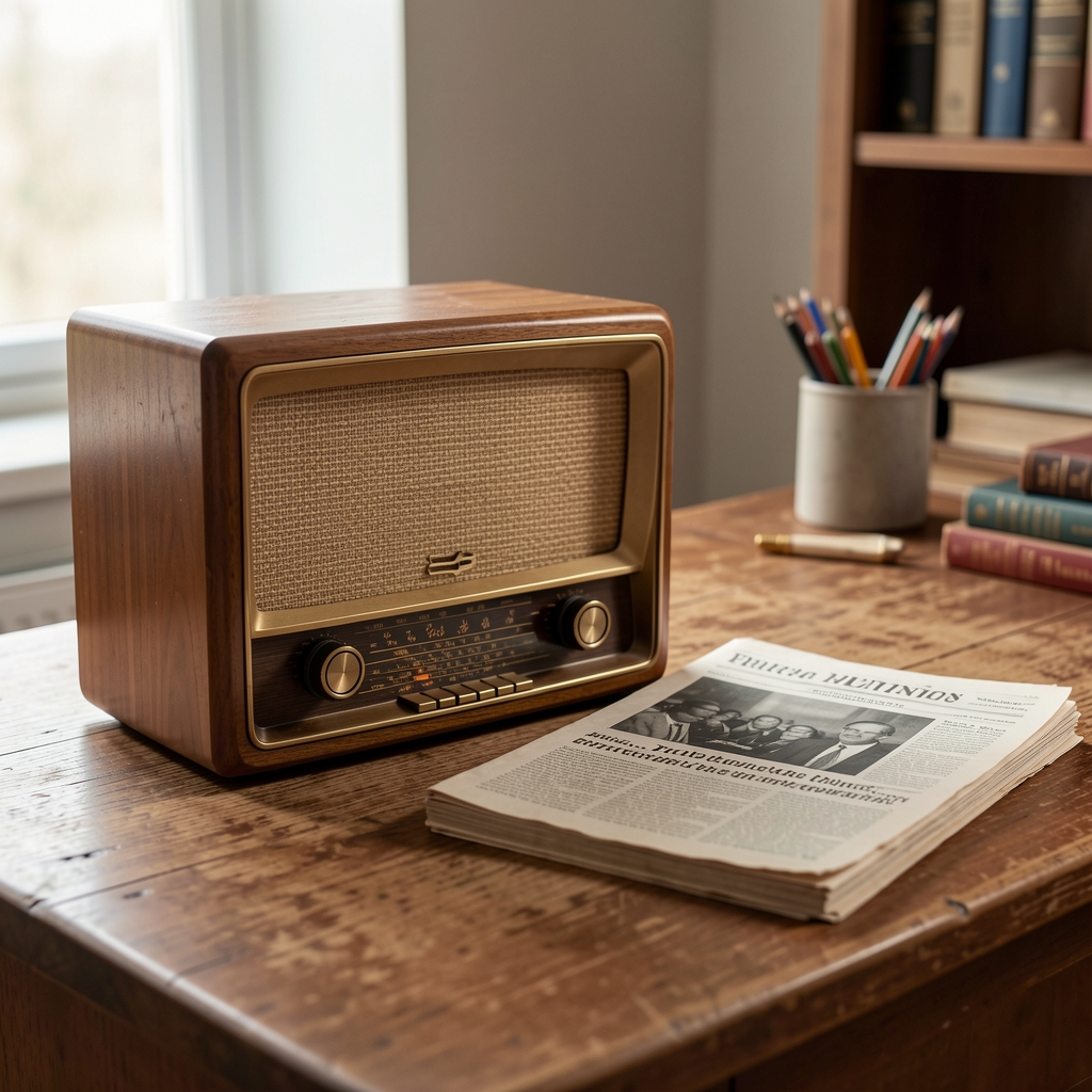 Antiguo radioreceptor de madera junto a un diario argentino sobre una mesa de estudio sin personas
