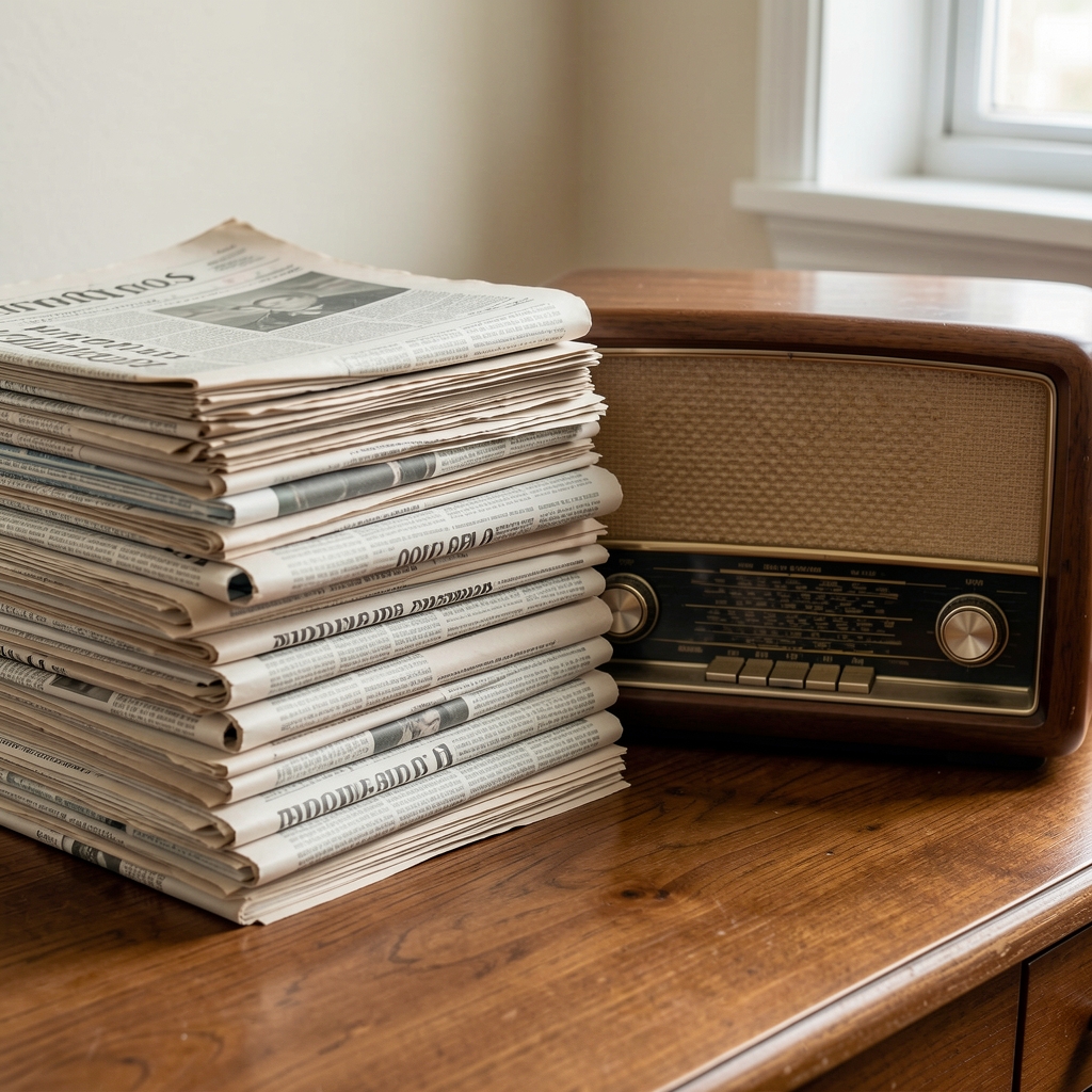 Archivo de periódicos argentinos apilados junto a una radio antigua sin personas