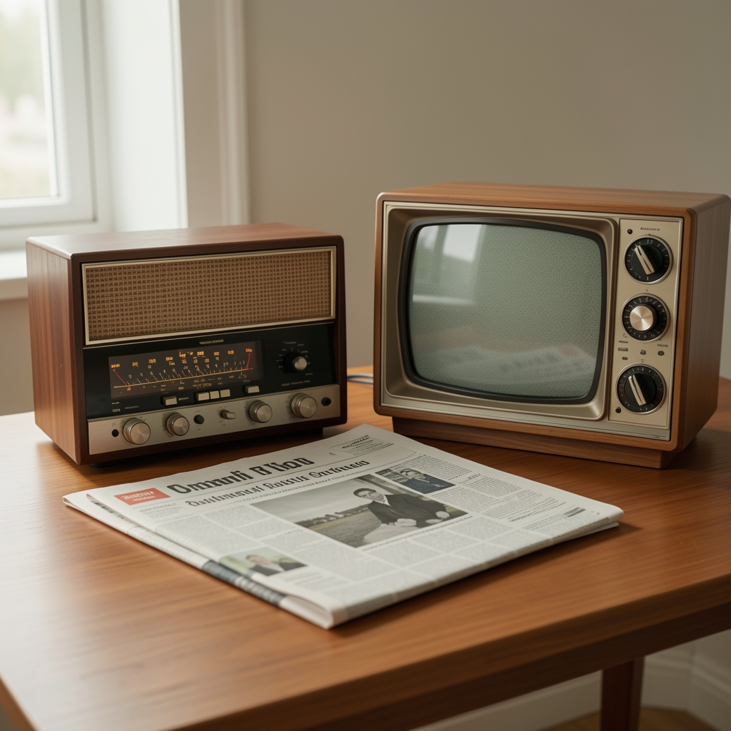 Radio de válvulas, periódico doblado y televisor antiguo apagado sobre una mesa sin personas
