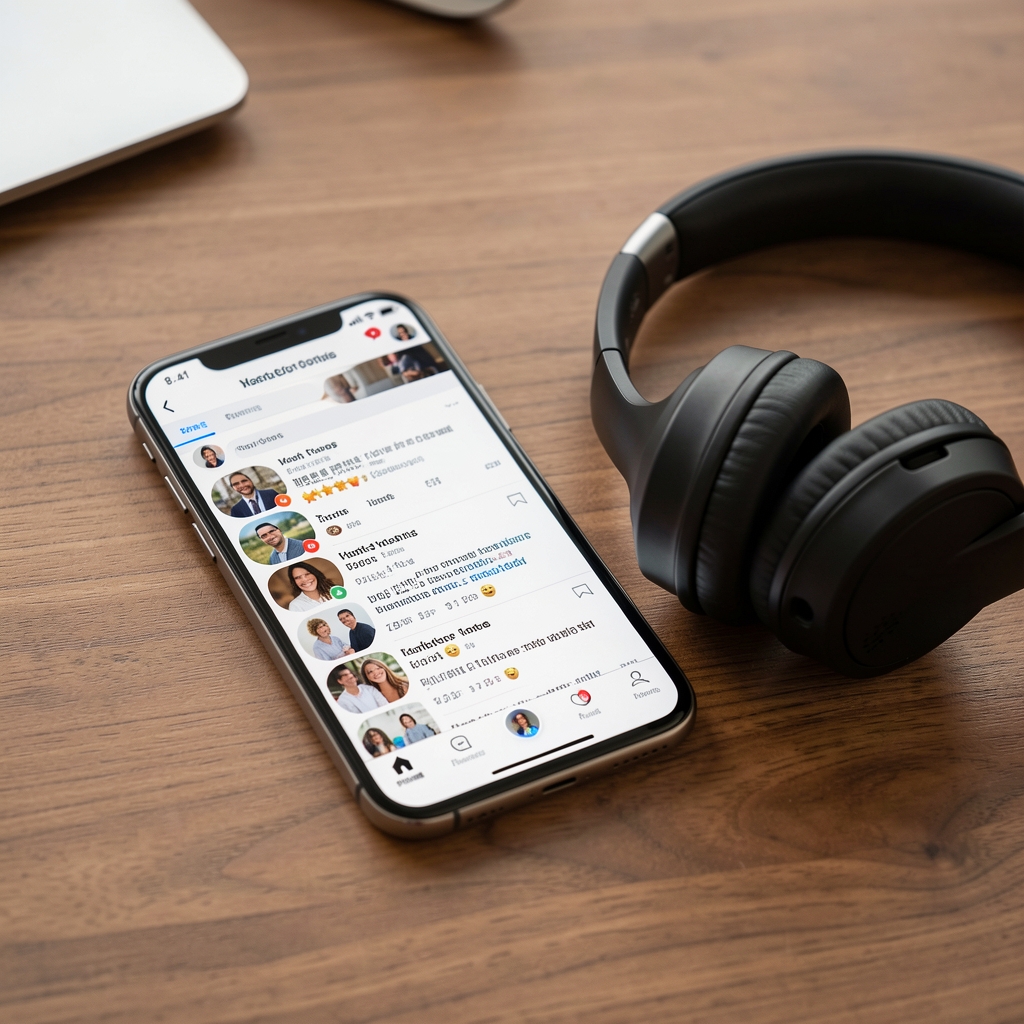 Teléfono inteligente con interfaz de red social sobre escritorio junto a auriculares sin personas