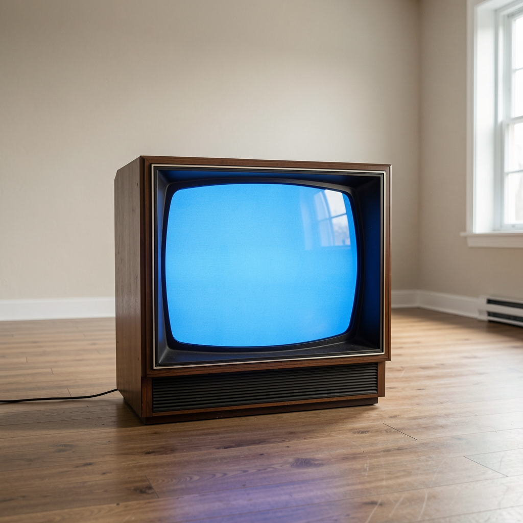 Televisor de tubo antiguo con pantalla azul apagada en una sala vacía sin personas