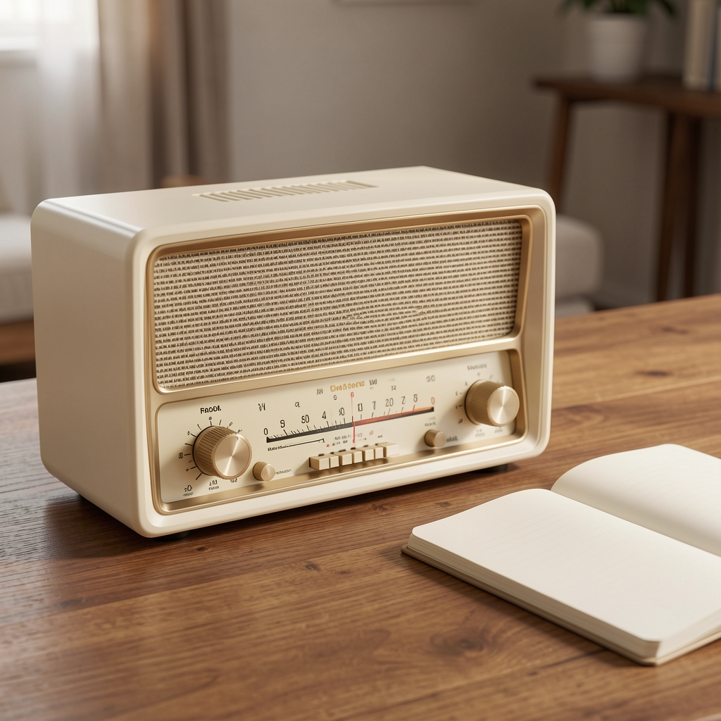 Radio de válvulas color marfil sobre una mesa junto a una libreta sin personas